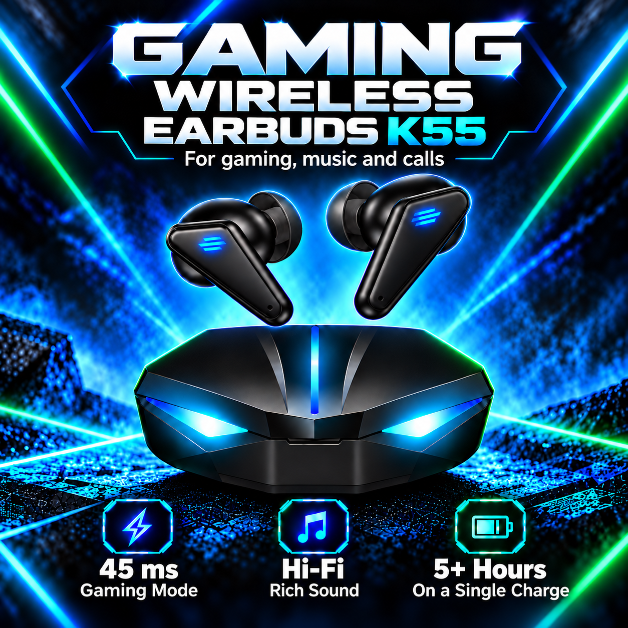 YooType K55 Bluetooth 5.4 Wireless Gaming Earbuds Low Latency RGB Light HiFi Stereo Earphones with Charging Case for Mobile Gaming Music and Calls