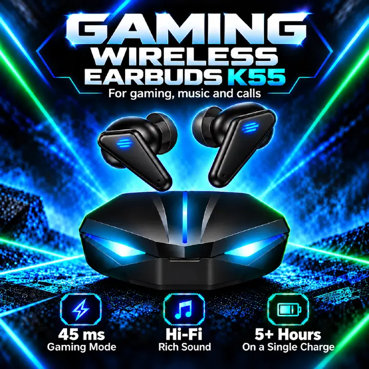 YooType K55 Bluetooth 5.4 Wireless Gaming Earbuds Low Latency RGB Light HiFi Stereo Earphones with Charging Case for Mobile Gaming Music and Calls