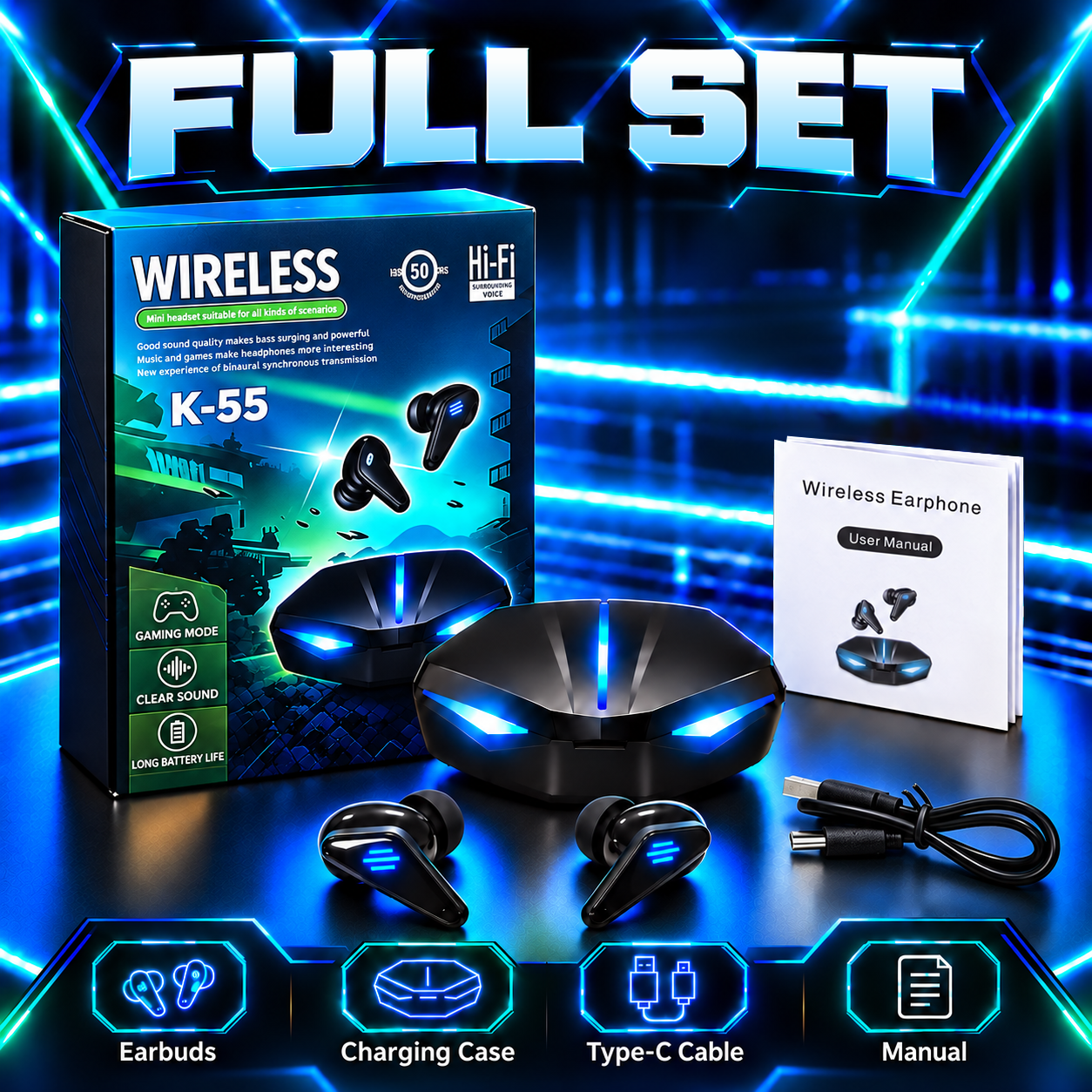 YooType K55 Bluetooth 5.4 Wireless Gaming Earbuds Low Latency RGB Light HiFi Stereo Earphones with Charging Case for Mobile Gaming Music and Calls