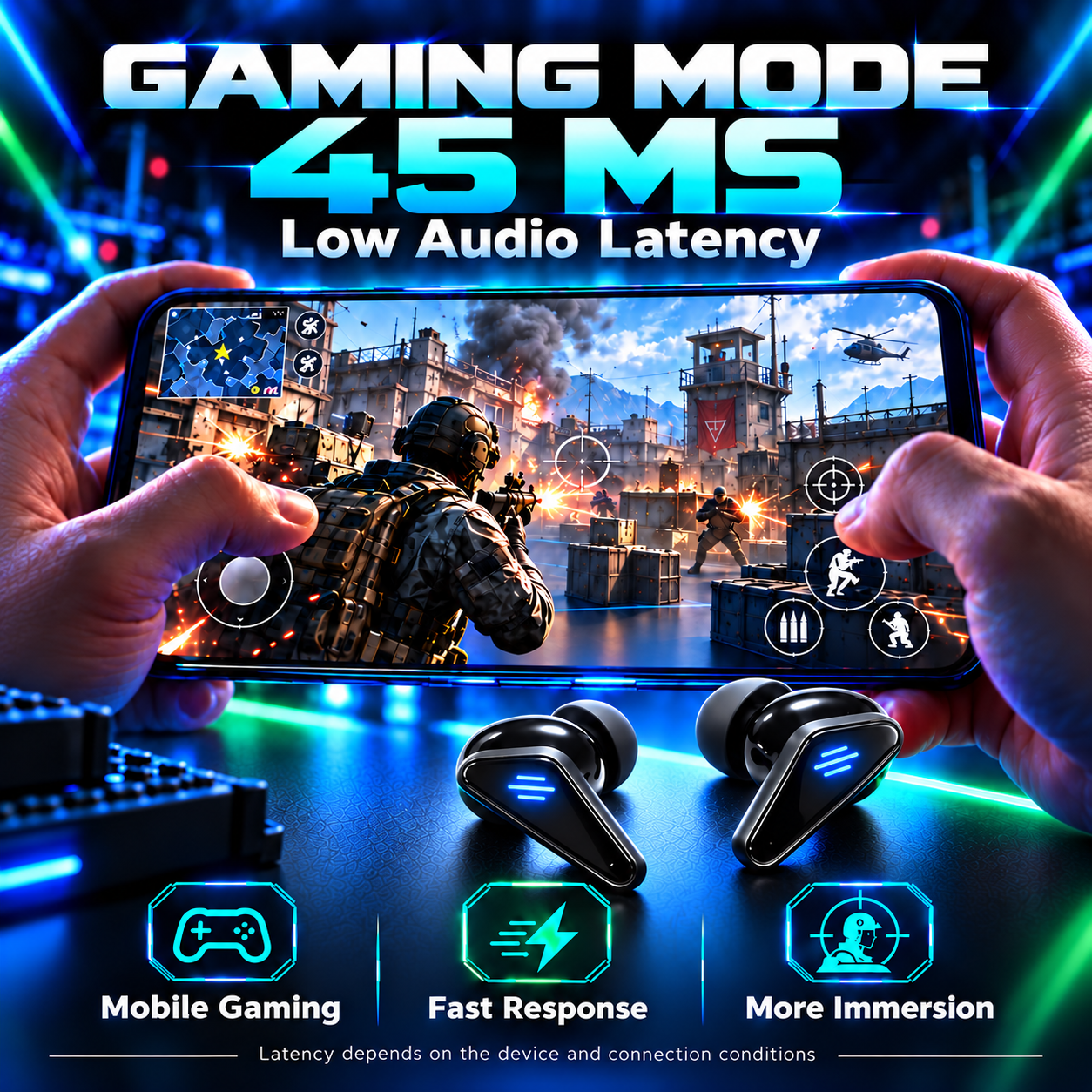 YooType K55 Bluetooth 5.4 Wireless Gaming Earbuds Low Latency RGB Light HiFi Stereo Earphones with Charging Case for Mobile Gaming Music and Calls