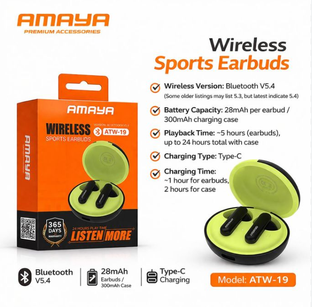 Amaya ATW-19 Wireless Sports Earbuds, Earpods, Airpods, Headphones – Bluetooth 5.4, 24H Playtime with Active Noise Cancellation - Black