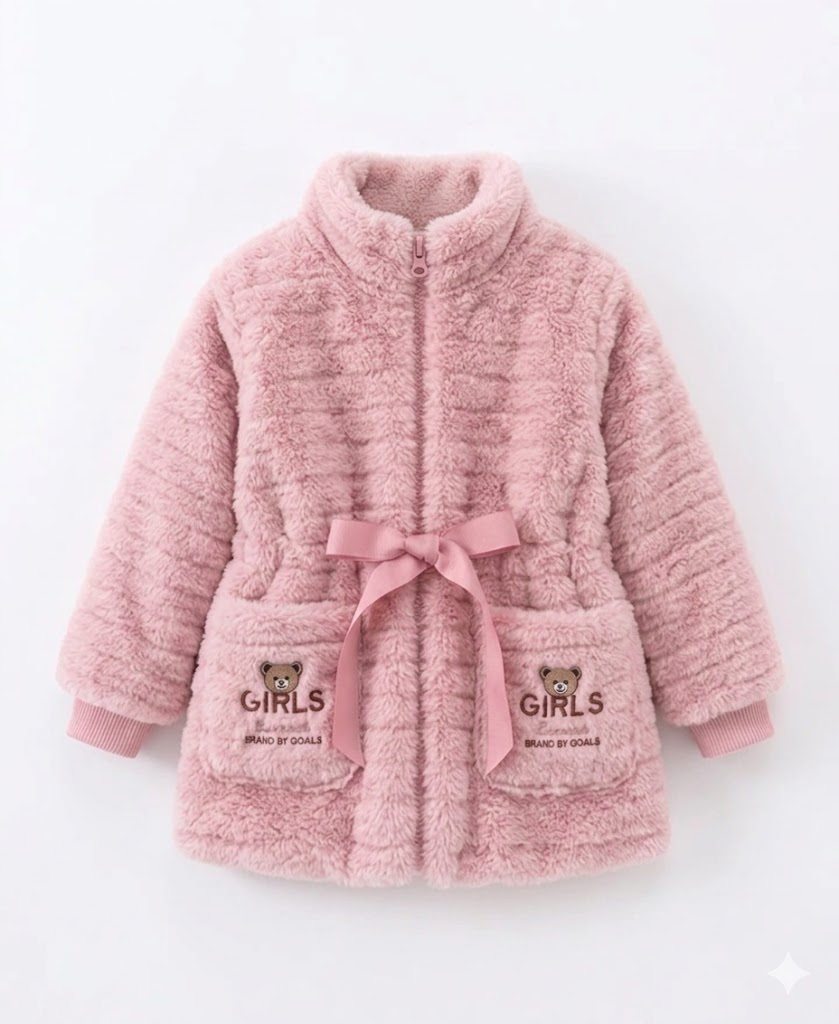 Baby Girls Luxury Faux Fur Hooded Jacket – Cozy Winter Fleece Coat with Waist Bow & Cute Pocket Detail