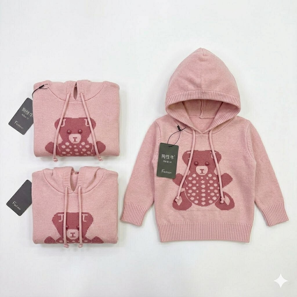 Toddler & Kids Teddy Bear Knit Hoodie – Soft Cotton Sweater for Boys & Girls