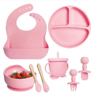 Premium 8-Piece Silicone Baby Feeding Set – BPA-Free Suction Plate, Bowl, Bib & Utensils