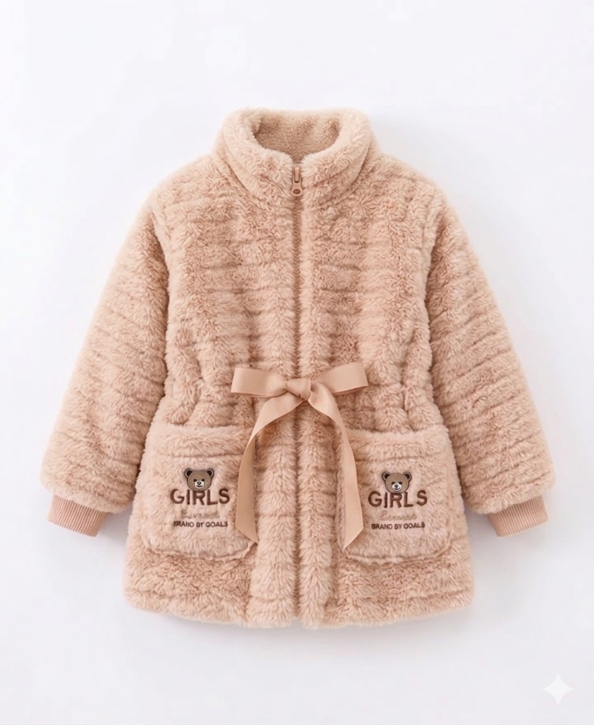 Baby Girls Luxury Faux Fur Hooded Jacket – Cozy Winter Fleece Coat with Waist Bow & Cute Pocket Detail