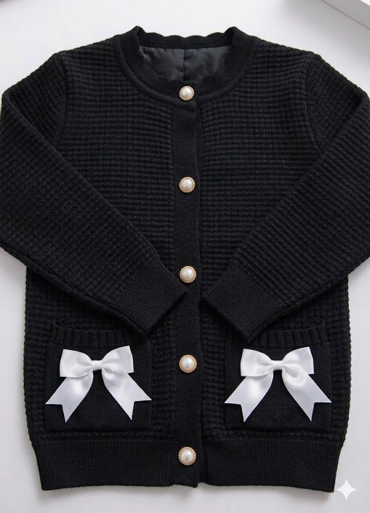 Girls' Knit Cardigan Sweater with Bow Pockets – Soft Button-Up Long Sleeve Jacket for Toddlers and Kids