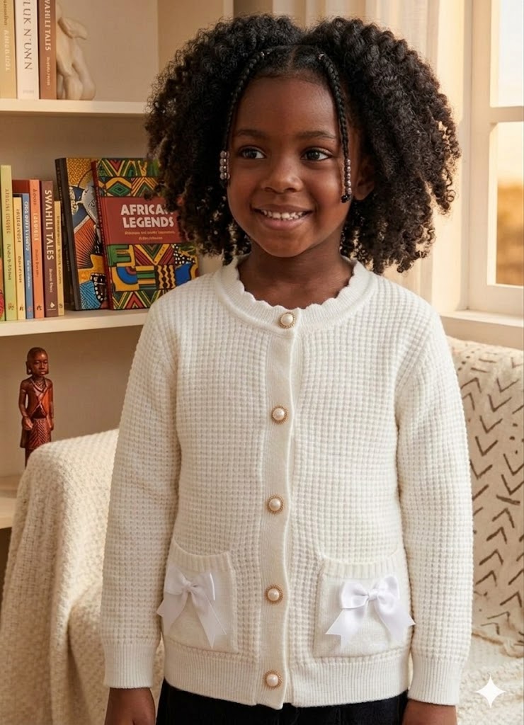 Girls' Knit Cardigan Sweater with Bow Pockets – Soft Button-Up Long Sleeve Jacket for Toddlers and Kids