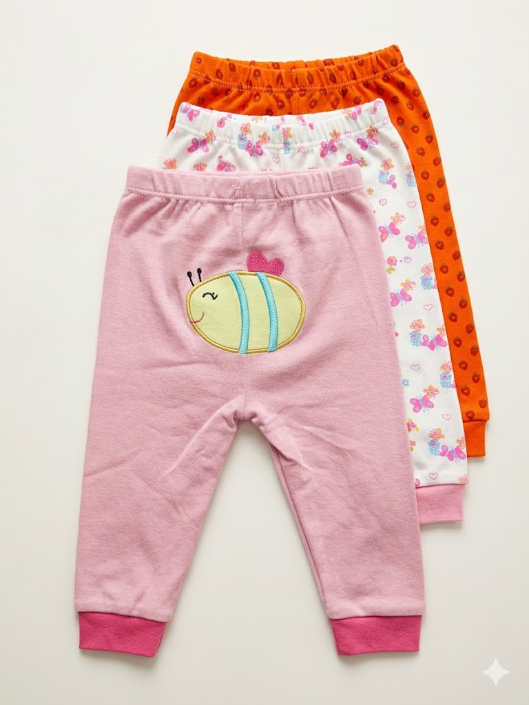 3-Pack Premium Baby Cotton Joggers – Adorable Cartoon Prints & Soft Elastic Waistband