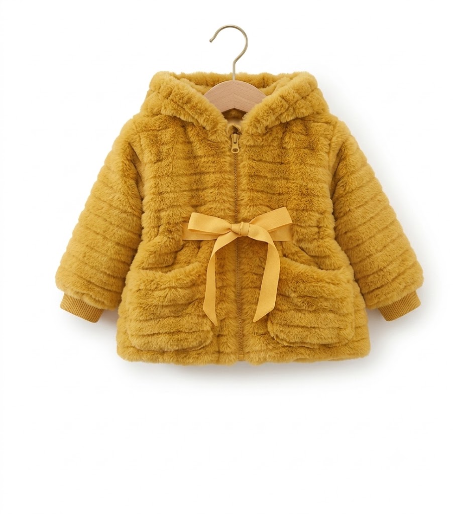 Baby Girls Luxury Faux Fur Hooded Jacket – Cozy Winter Fleece Coat with Waist Bow & Cute Pocket Detail