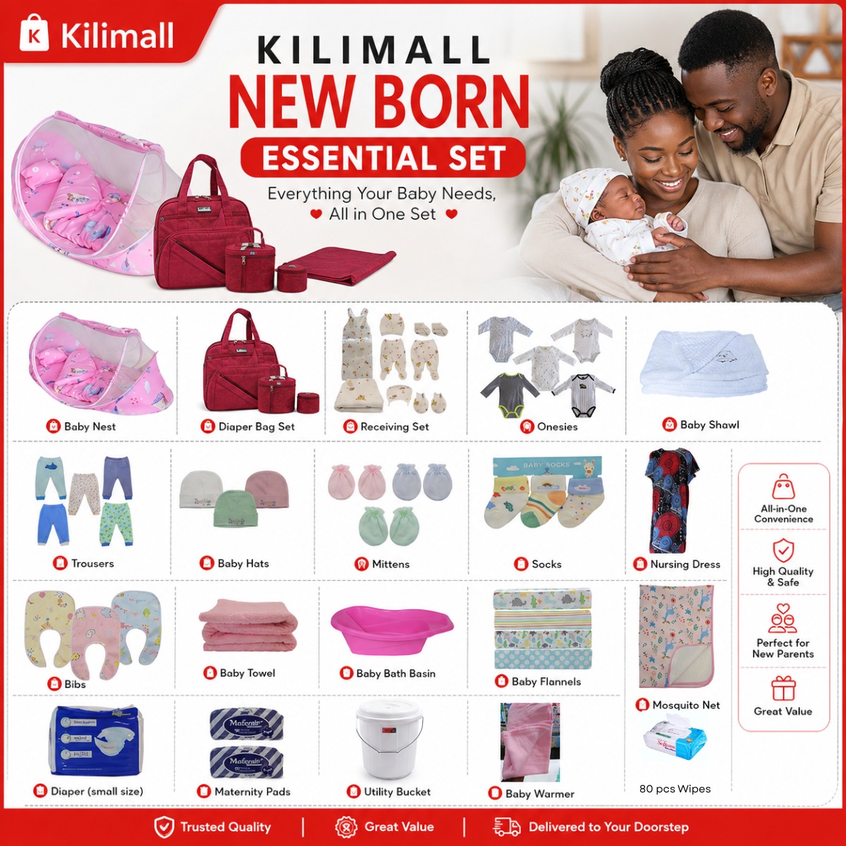 Complete 35-in-1 Newborn Hospital Bag Essentials Bundle - Portable Baby Nest, 5-in-1 Diaper Bag, Basin & 20+ Clothing Items (Prints May Vary)