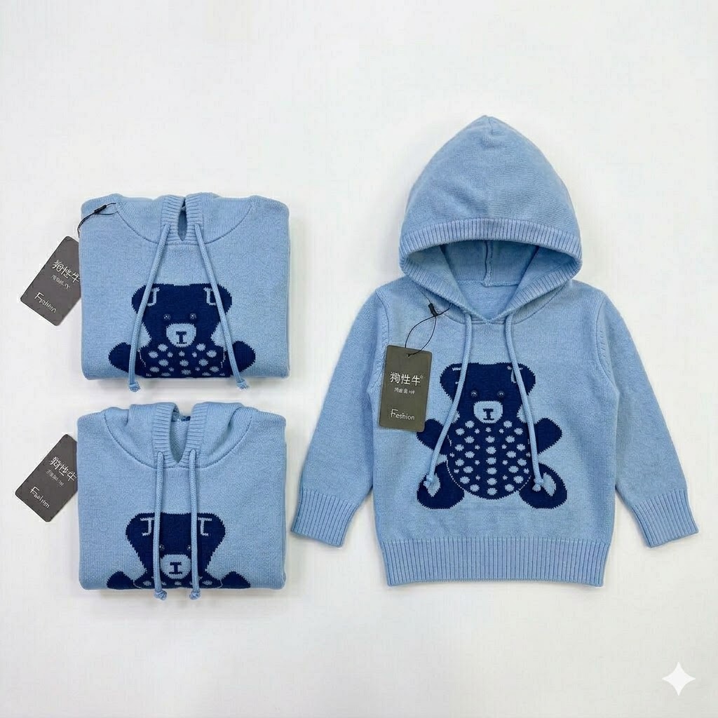 Toddler & Kids Teddy Bear Knit Hoodie – Soft Cotton Sweater for Boys & Girls