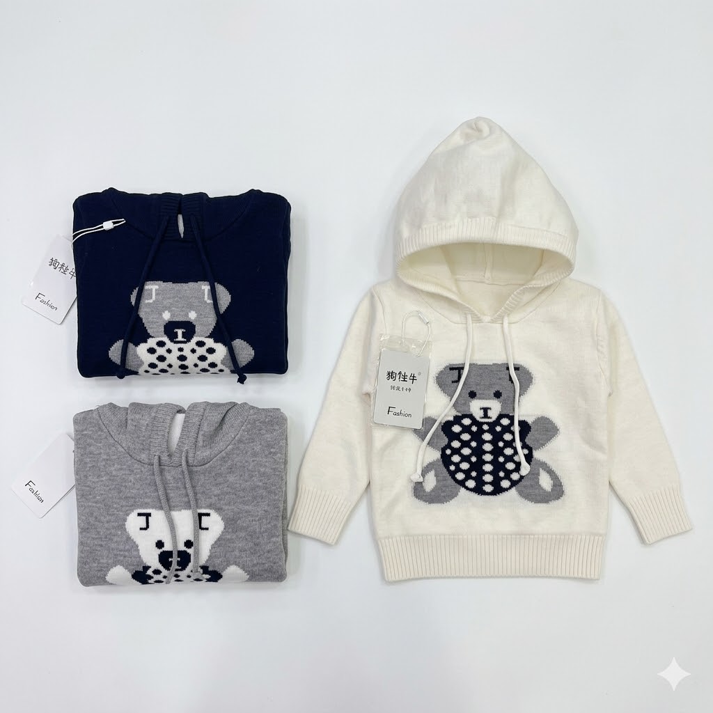Toddler & Kids Teddy Bear Knit Hoodie – Soft Cotton Sweater for Boys & Girls