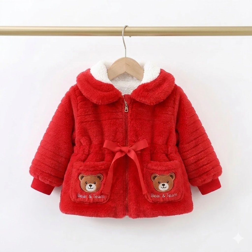 Baby Girls Luxury Faux Fur Hooded Jacket – Cozy Winter Fleece Coat with Waist Bow & Cute Pocket Detail