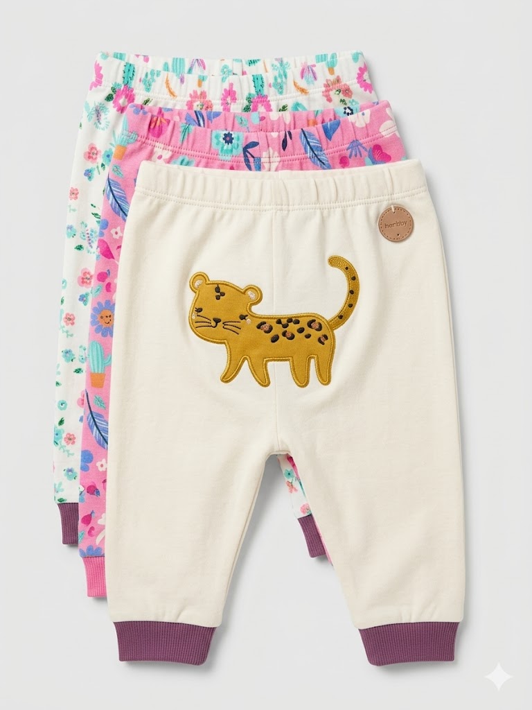 3-Pack Premium Baby Cotton Joggers – Adorable Cartoon Prints & Soft Elastic Waistband