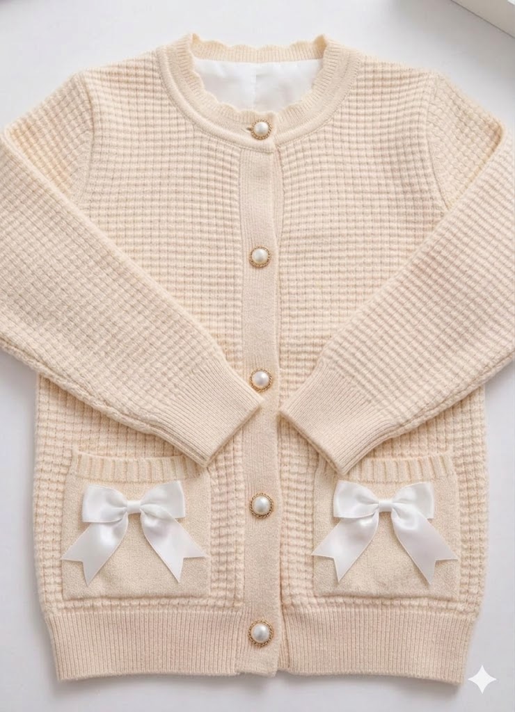 Girls' Knit Cardigan Sweater with Bow Pockets – Soft Button-Up Long Sleeve Jacket for Toddlers and Kids
