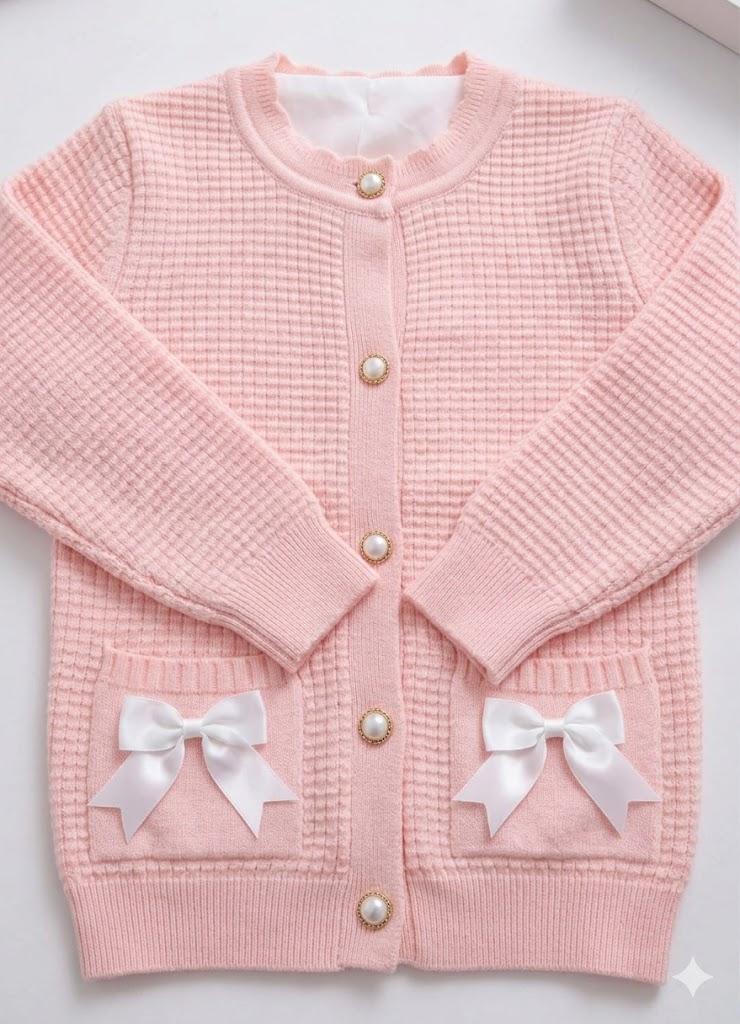 Girls' Knit Cardigan Sweater with Bow Pockets – Soft Button-Up Long Sleeve Jacket for Toddlers and Kids