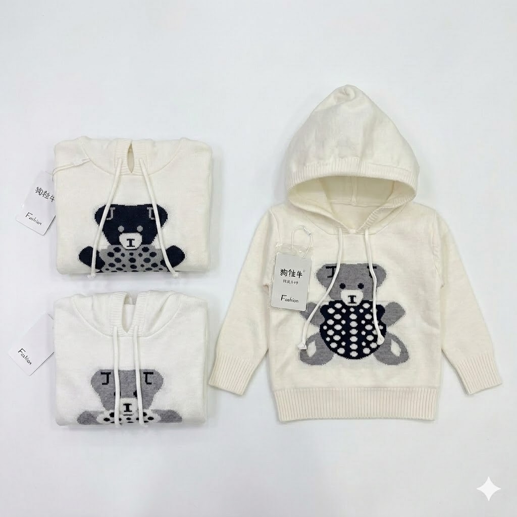 Toddler & Kids Teddy Bear Knit Hoodie – Soft Cotton Sweater for Boys & Girls