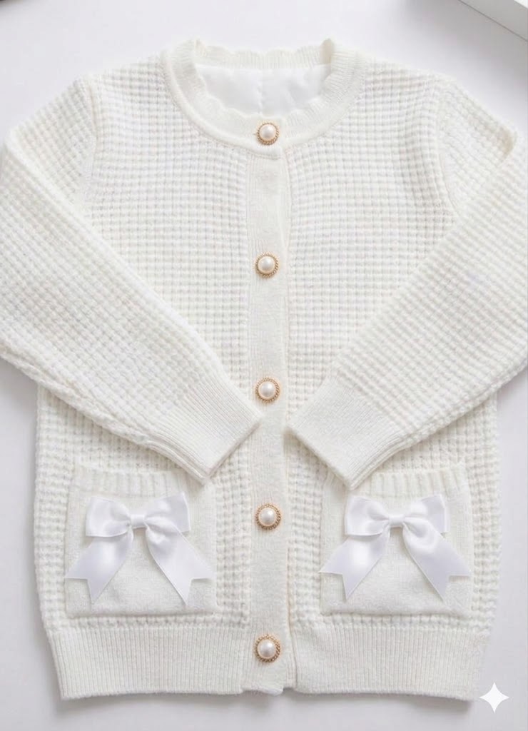 Girls' Knit Cardigan Sweater with Bow Pockets – Soft Button-Up Long Sleeve Jacket for Toddlers and Kids
