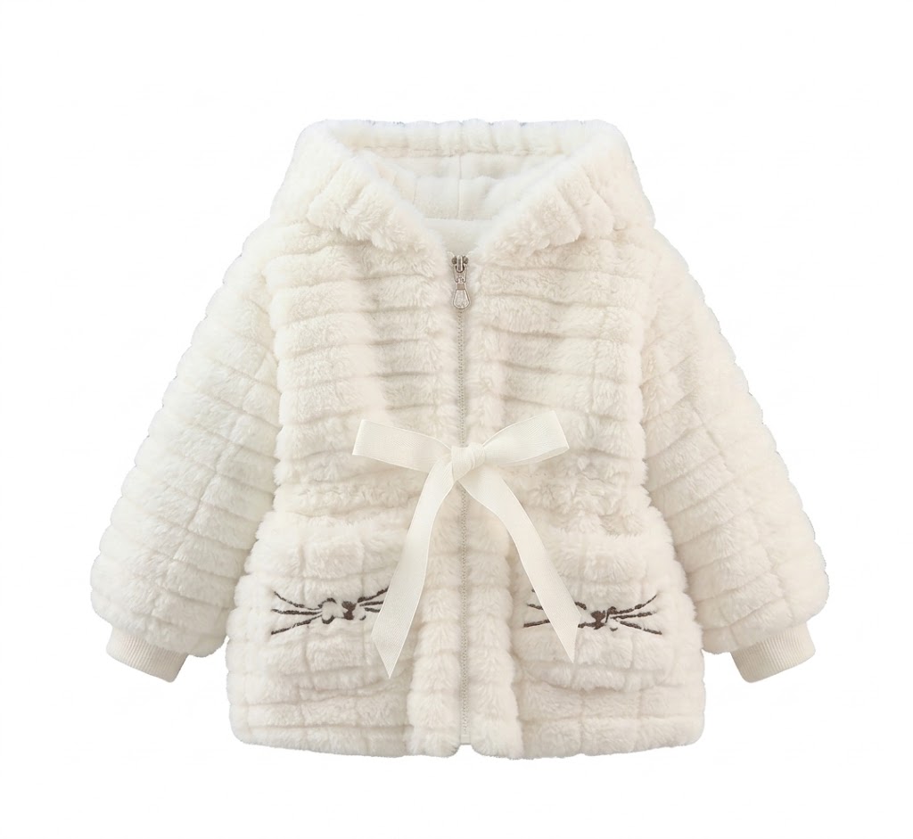 Baby Girls Luxury Faux Fur Hooded Jacket – Cozy Winter Fleece Coat with Waist Bow & Cute Pocket Detail