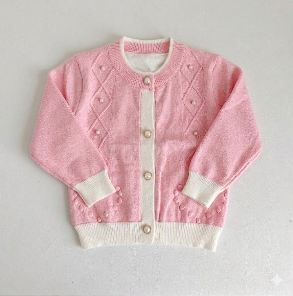 Premium Quality Girls' Button-Down Knit Sweater with Pearl Details