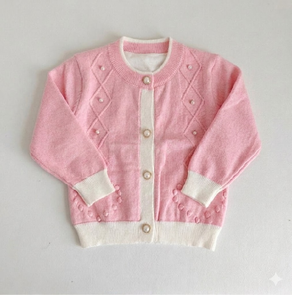 Premium Quality Girls' Button-Down Knit Sweater with Pearl Details