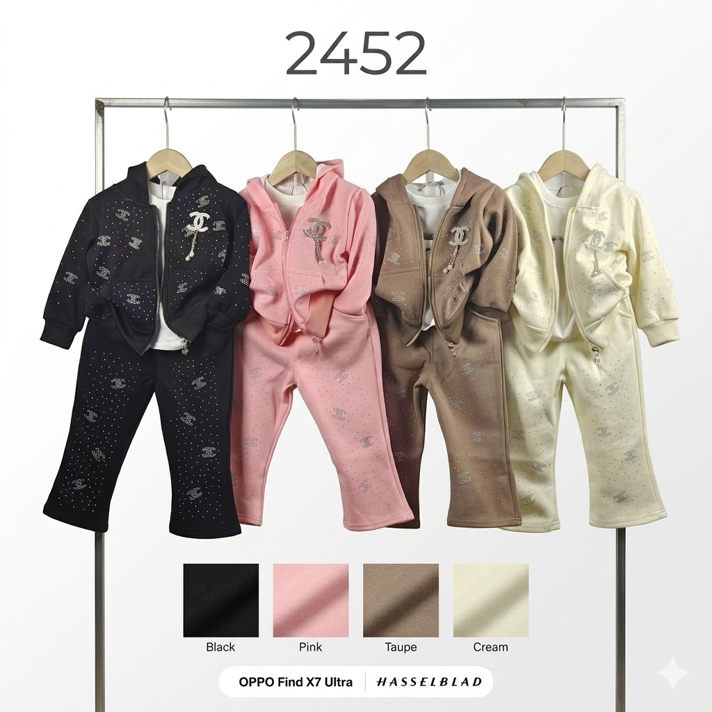 Premium Velvet Toddler Sweatsuit Set – Kids Rhinestone Hooded Zipper Coat + Flared Trousers 3PCS Set