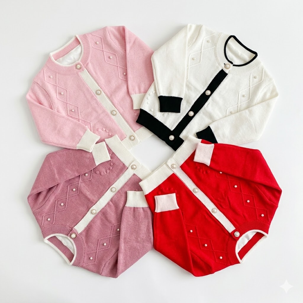 Premium Quality Girls' Button-Down Knit Sweater with Pearl Details