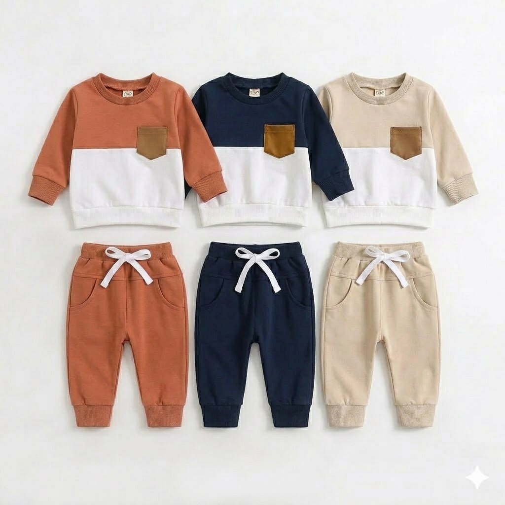 Premium Cotton Color-Block Baby Pullover & Jogger Set