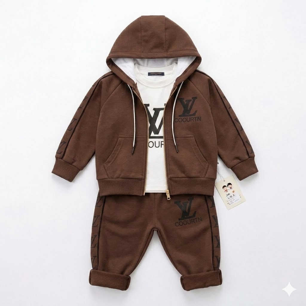 Kids Stylish Brown Zip-Up Hoodie and Jogger Tracksuit Set - Premium Comfort