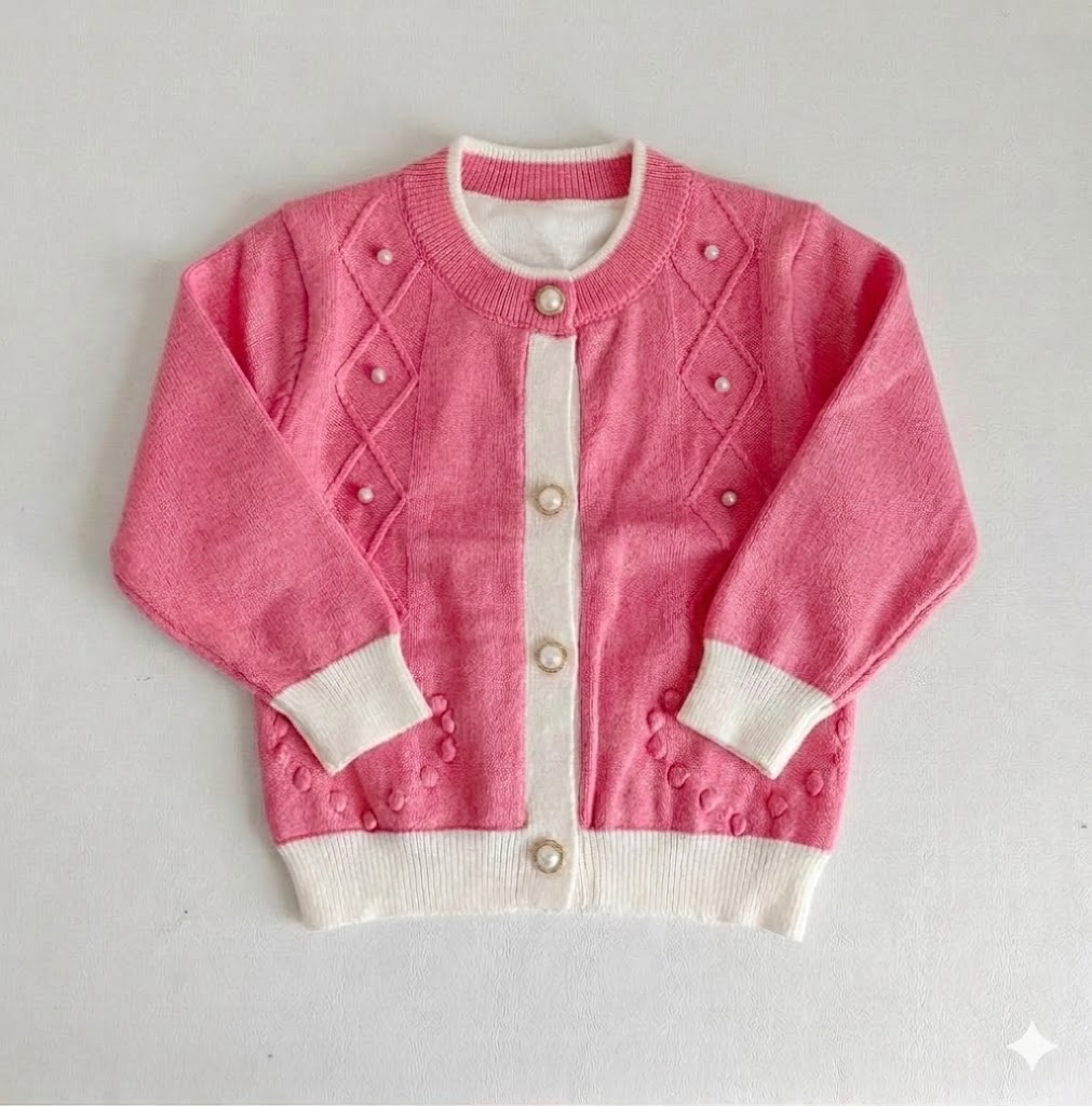 Premium Quality Girls' Button-Down Knit Sweater with Pearl Details