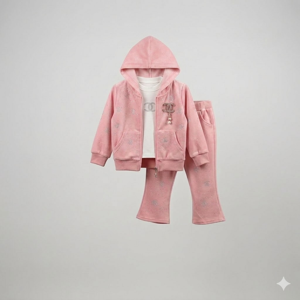 Premium Velvet Toddler Sweatsuit Set – Kids Rhinestone Hooded Zipper Coat + Flared Trousers 3PCS Set