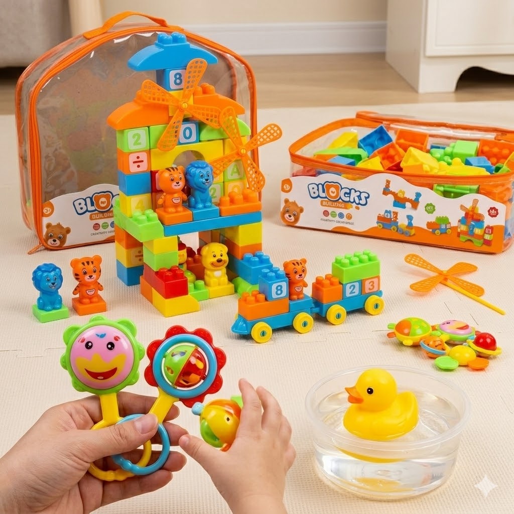 Building Blocks & Baby Rattle Toy Set – Educational STEM Construction Playset for Toddlers Early Learning Toy Mega Pack – Alphabet & Number Building Blocks, Animal Figures, and Floating Bath Duck Set