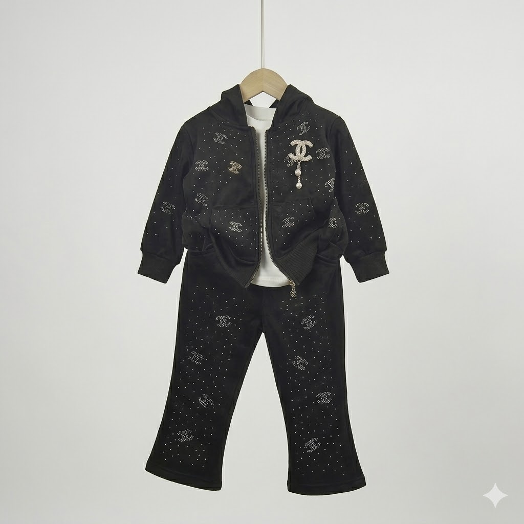 Premium Velvet Toddler Sweatsuit Set – Kids Rhinestone Hooded Zipper Coat + Flared Trousers 3PCS Set