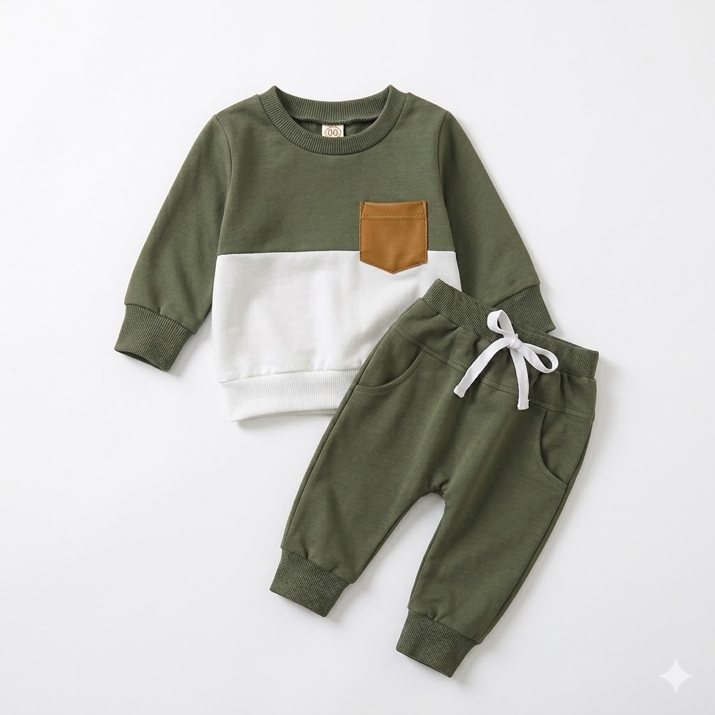 Premium Cotton Color-Block Baby Pullover & Jogger Set