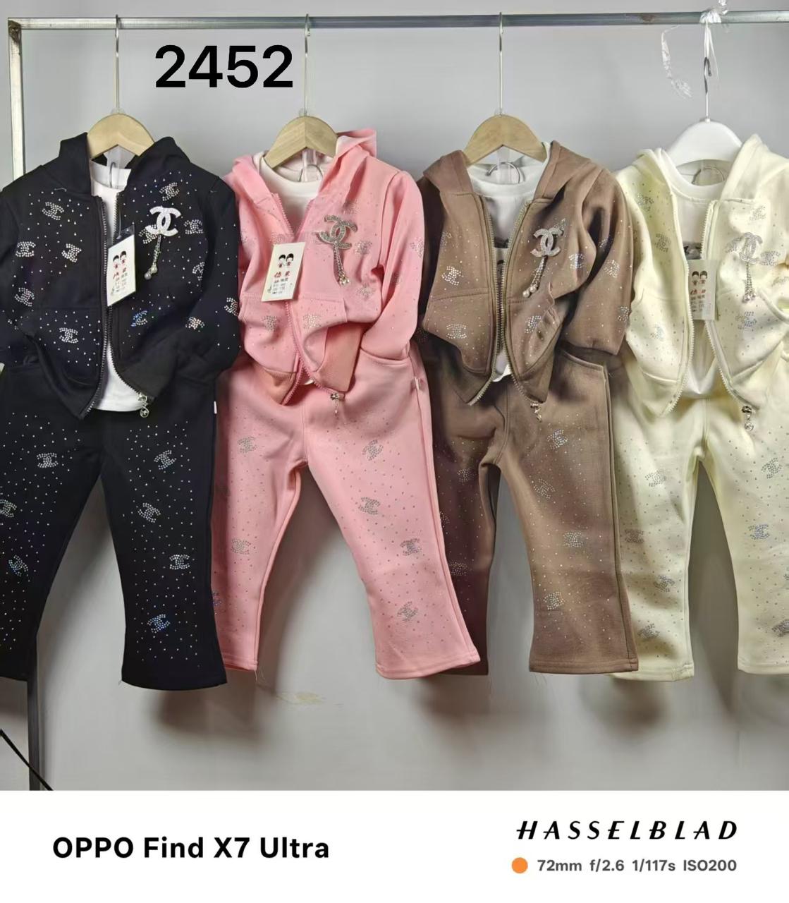 Premium Velvet Toddler Sweatsuit Set – Kids Rhinestone Hooded Zipper Coat + Flared Trousers 3PCS Set