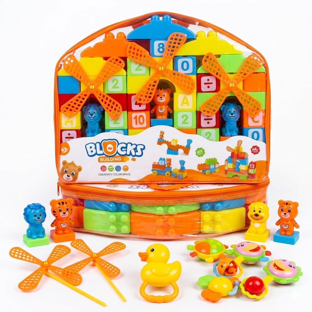 Building Blocks & Baby Rattle Toy Set – Educational STEM Construction Playset for Toddlers Early Learning Toy Mega Pack – Alphabet & Number Building Blocks, Animal Figures, and Floating Bath Duck Set