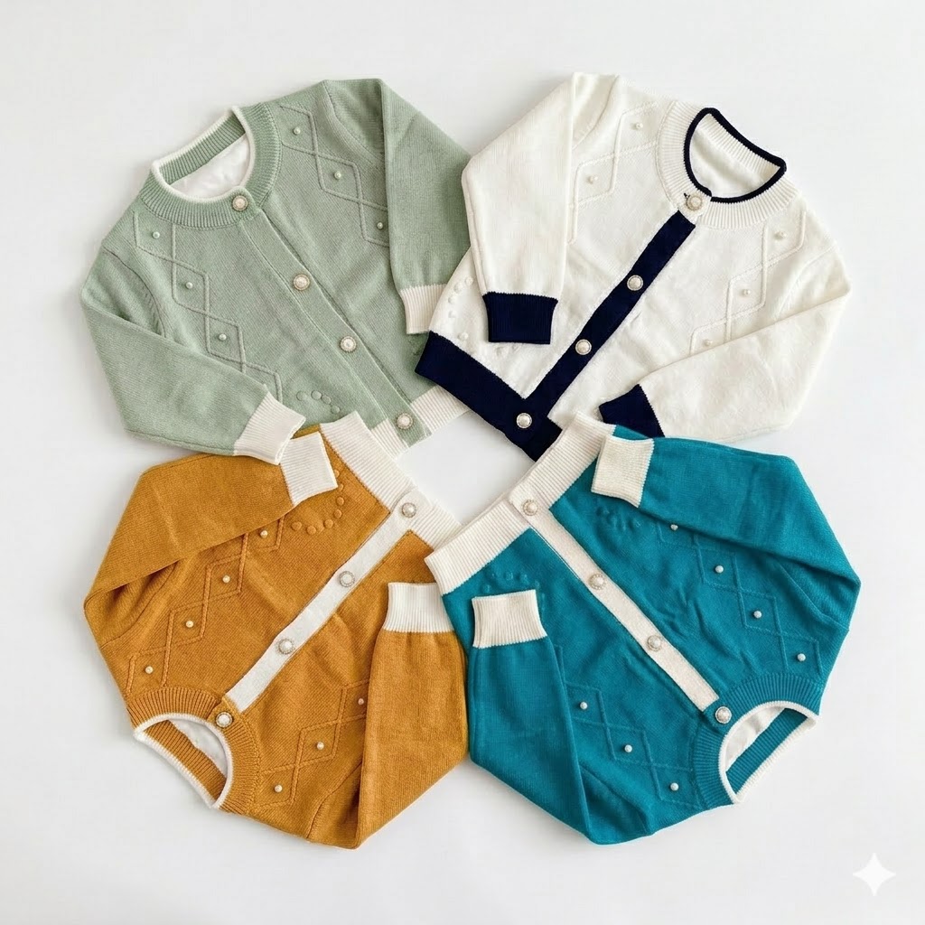 Premium Quality Girls' Button-Down Knit Sweater with Pearl Details