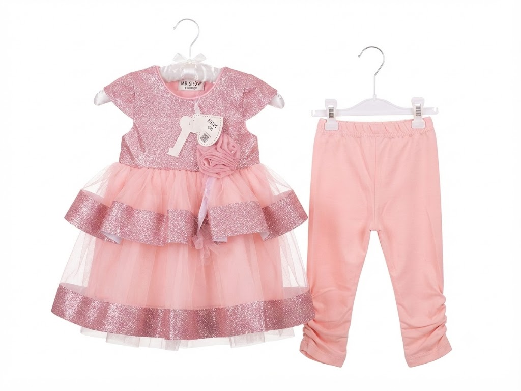 2 pcs baby Girls Glitter dress with Matching Skin Tight and Flower Accent