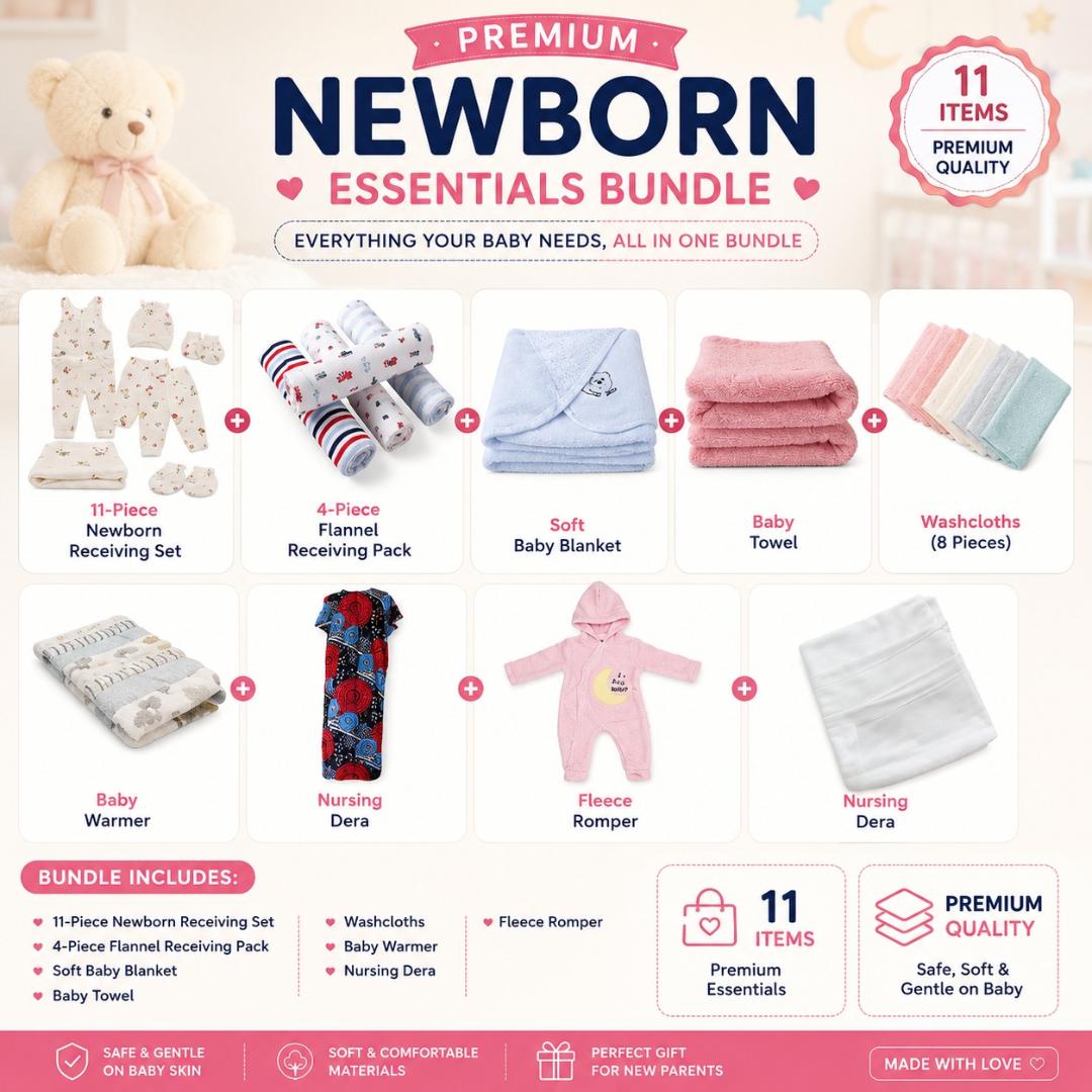 Premium Newborn Baby Essentials Bundle – 4pc Flannel Set, 11pc Receiving Set, Blanket, Towel, Washcloths, Warmer, Nursing Dera & Fleece Romper