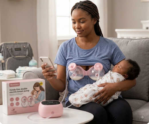 Momeasy Hands-Free Wearable Double Electric Breast Pump – Ultra-Quiet Pain-Free Breastfeeding Milk Extractor with USB Power & Adjustable Suction