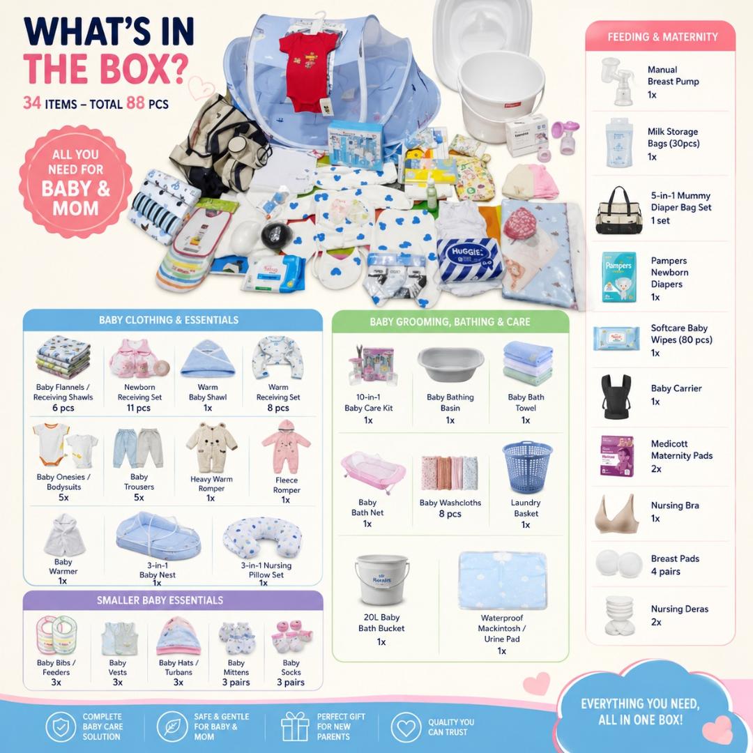 Comprehensive 34-Item (88 PCS) Newborn Baby Starter Set – Boy, Girl & Unisex | Complete Baby & Mum Care Package | Stylish, Practical Essentials | Best Value for Money, Special Offer, Perfect Gift