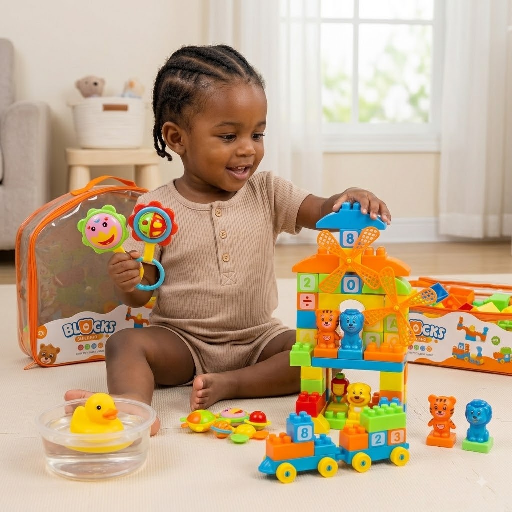 Building Blocks & Baby Rattle Toy Set – Educational STEM Construction Playset for Toddlers Early Learning Toy Mega Pack – Alphabet & Number Building Blocks, Animal Figures, and Floating Bath Duck Set