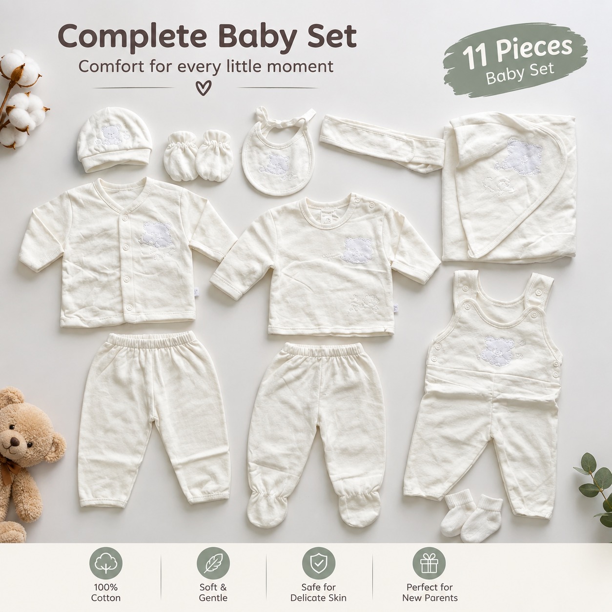 11-Piece Newborn Cotton Receiving Set | Breathable Baby Hospital Essentials Kit.