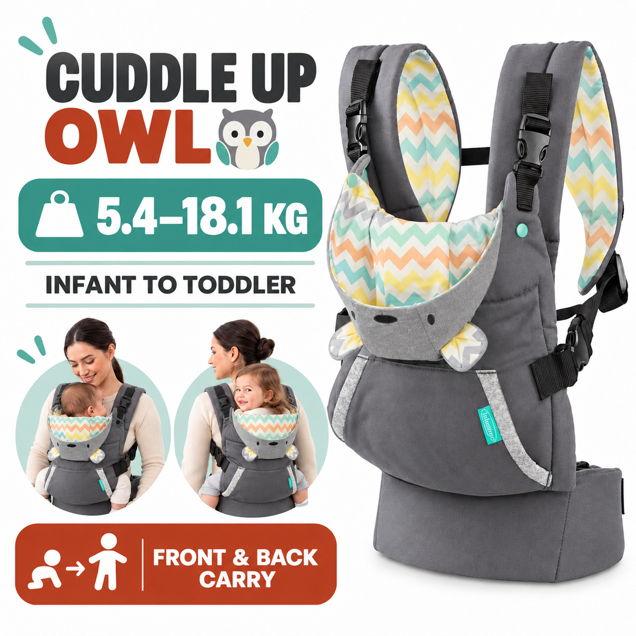 Infantino Ergonomic Baby Carrier – Choose 4-in-1 Flip or Cuddle Up Hooded Owl | Infant to Toddler- Grey