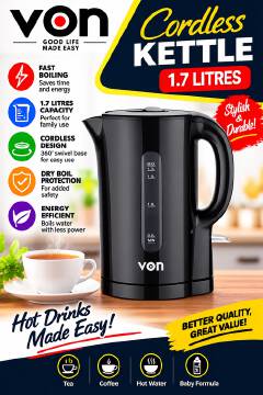 Von Cordless Kettle(1.7ltrs)…With a practical 1.7-litre capacity and cordless design, it is suitable for preparing hot water for tea, coffee, cooking, and other daily household needs.