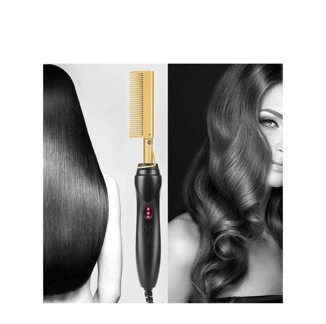 Golden Electric Hot Comb Hair Straightener for Women – Fast Heat Ceramic Pressing Comb with Adjustable Temperature for Natural Hair, Wigs, Weaves & Salon Styling