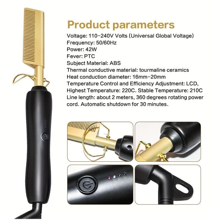 Golden Electric Hot Comb Hair Straightener for Women – Fast Heat Ceramic Pressing Comb with Adjustable Temperature for Natural Hair, Wigs, Weaves & Salon Styling