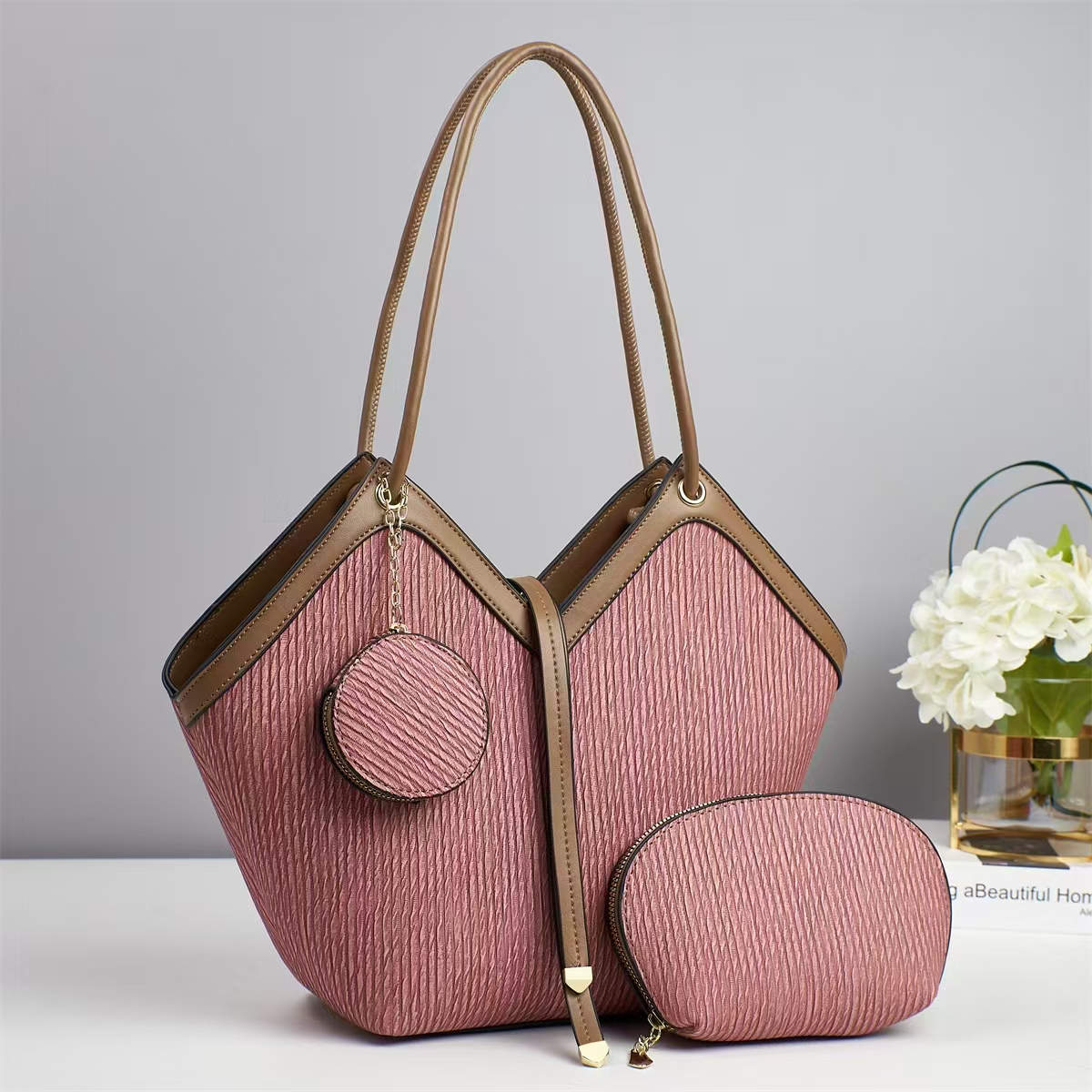 Luxury Designer Women's Tote Handbag Set – Elegant Large Capacity Shoulder Bag with Matching Cosmetic Pouch & Coin Purse | Fashion PU Leather Ladies Handbag for Work, Travel & Daily Use