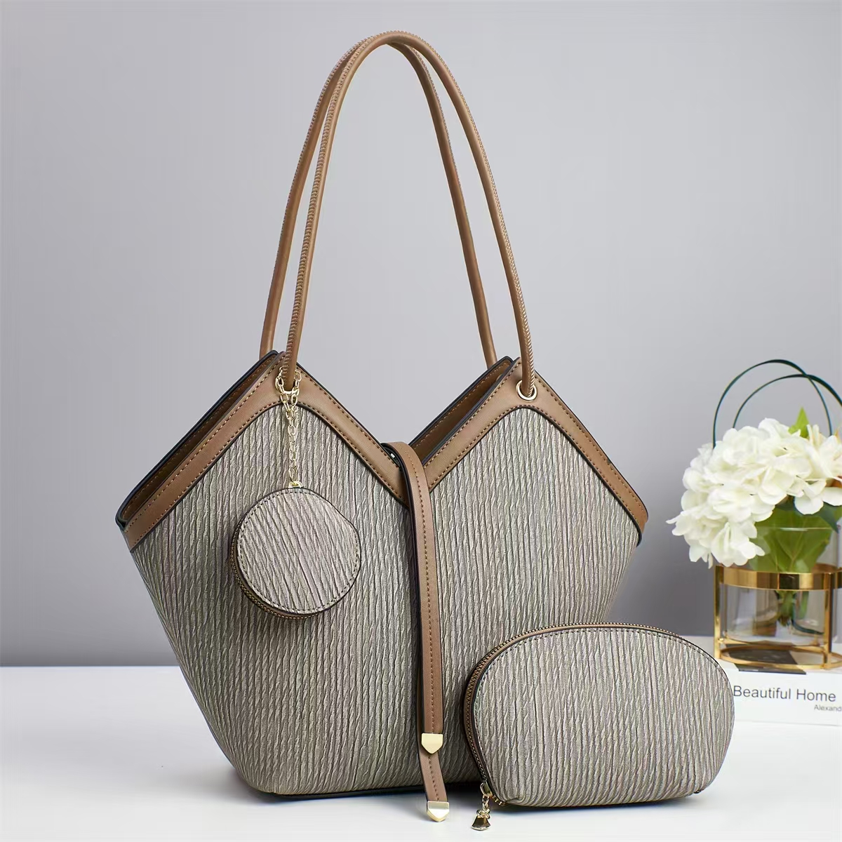 Luxury Designer Women's Tote Handbag Set – Elegant Large Capacity Shoulder Bag with Matching Cosmetic Pouch & Coin Purse | Fashion PU Leather Ladies Handbag for Work, Travel & Daily Use