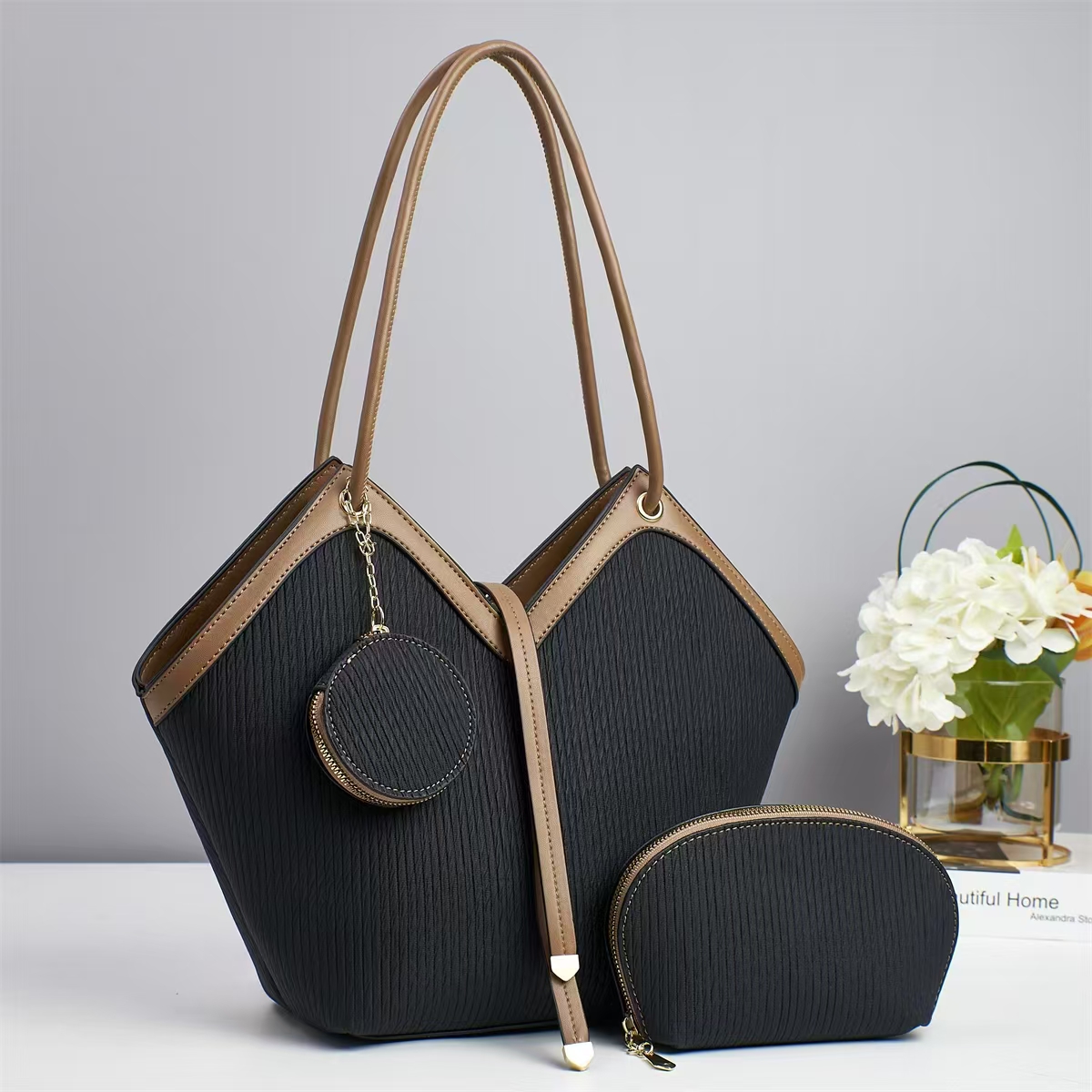 Luxury Designer Women's Tote Handbag Set – Elegant Large Capacity Shoulder Bag with Matching Cosmetic Pouch & Coin Purse | Fashion PU Leather Ladies Handbag for Work, Travel & Daily Use